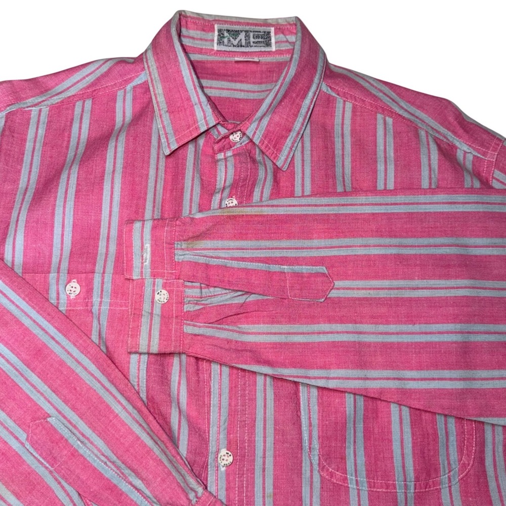 ME Mens Pink Grey Striped Long Sleeve Button Up Cotton Shirt Two Pocket L